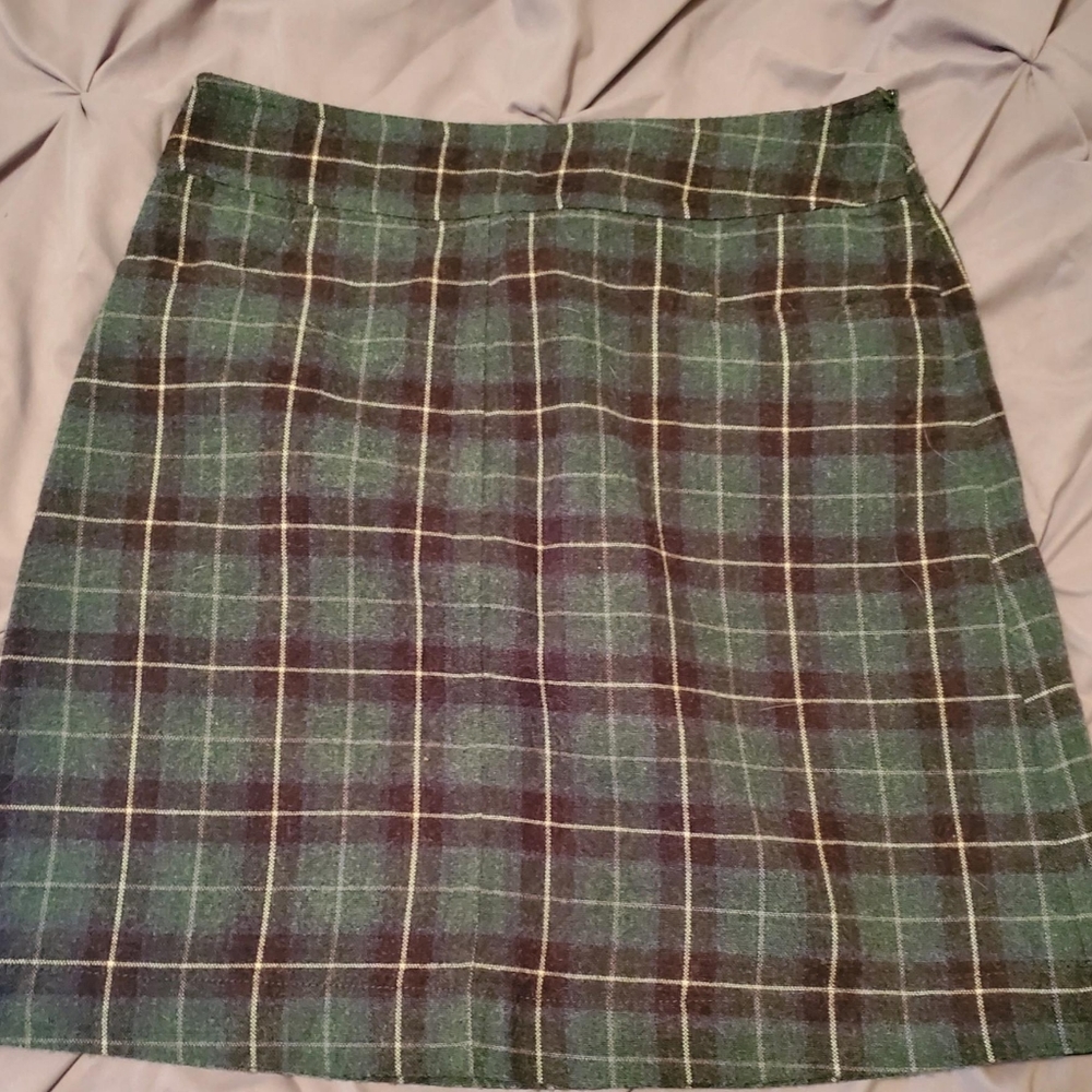 Morena green, navy, black & white plaid skirt.